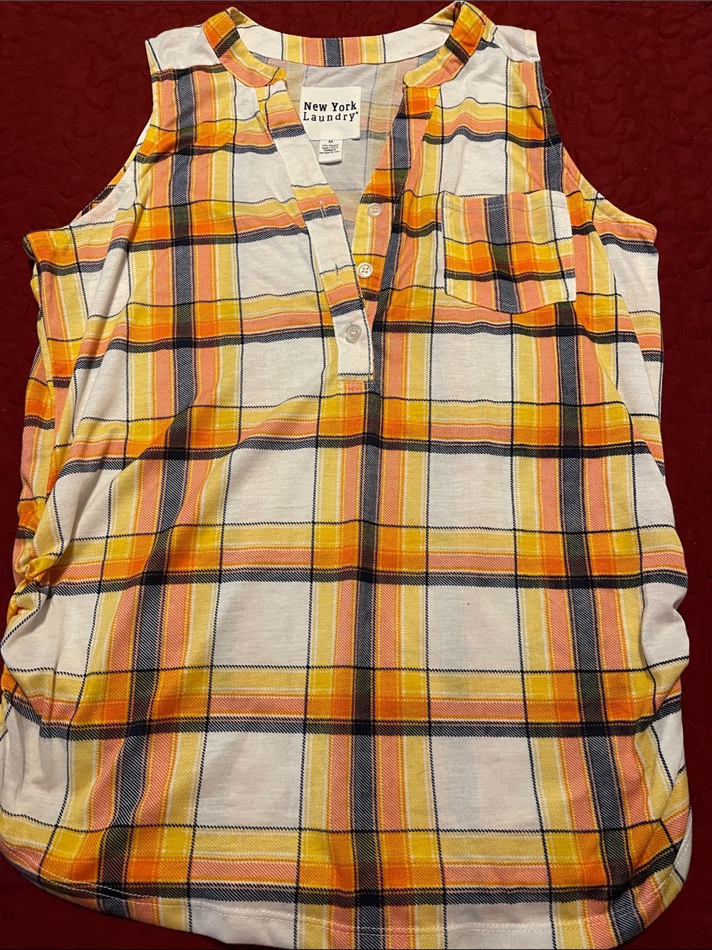 New York Laundry Yellow Orange Navy Plaid Sleeveless Henley